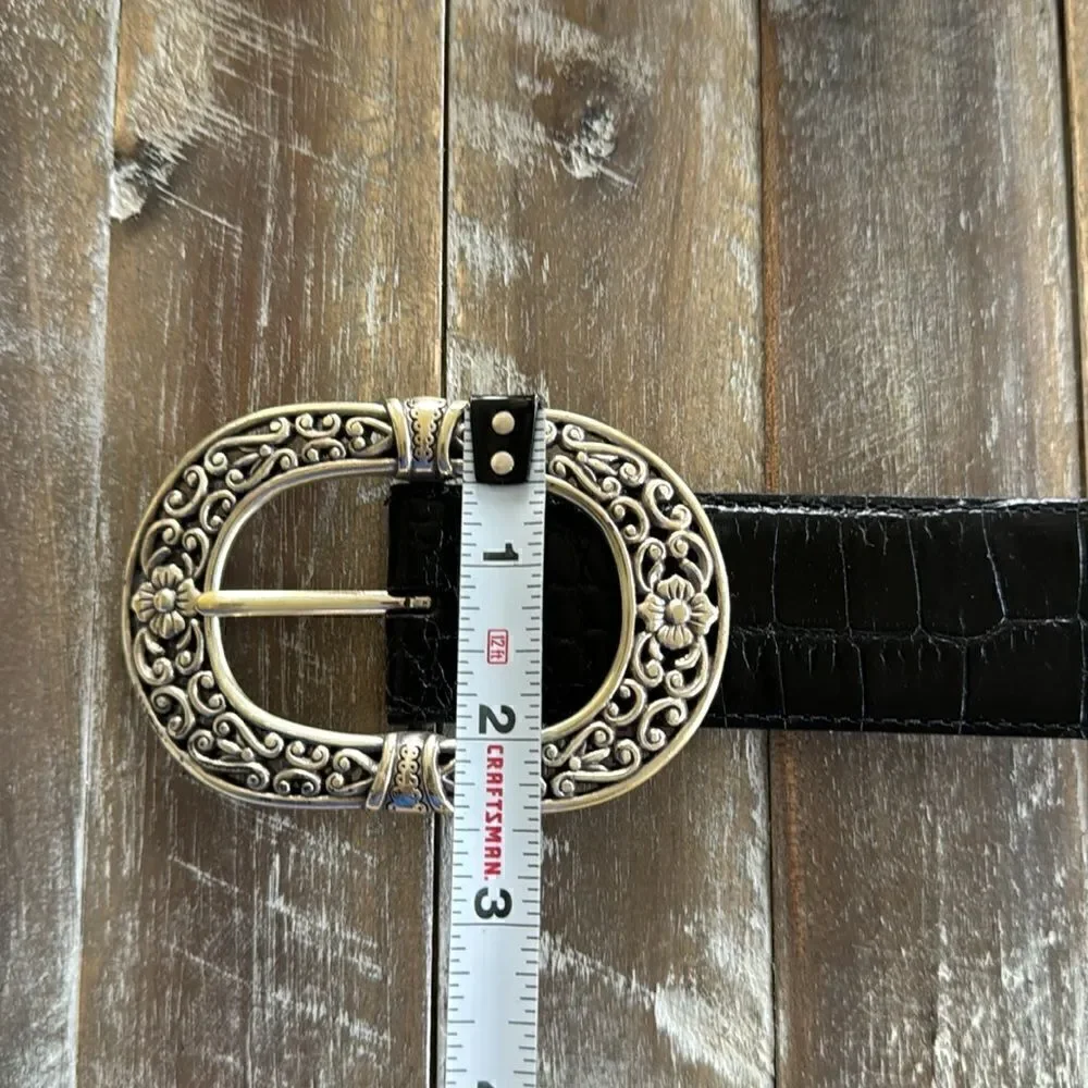 Croc Embossed Black Leather Belt Oval Ornate Silver Tone Buckle Women’s Size XL